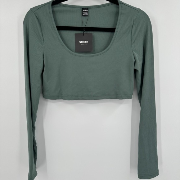 SHEIN Tops - SheIn Crop Top Women Large Green Ribbed Slim Fit Long Sleeve Scoop Neck Pullover